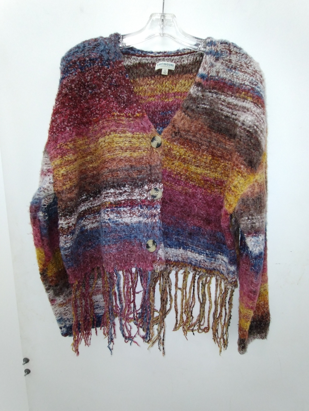 Earthbound Fringed Multicolor Knit Cardigan Sweatersize Large